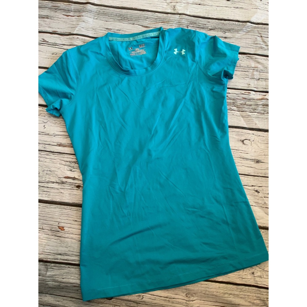 Under Armour HeatGear Womens Fitted Short Sleeve T-Shirt Teal Blue SM Small